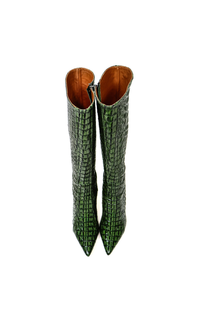 QAFARRIN ODILE – Dark Emerald Green Hakiki Dana Deri Krokodil Dokulu Stiletto Çizme