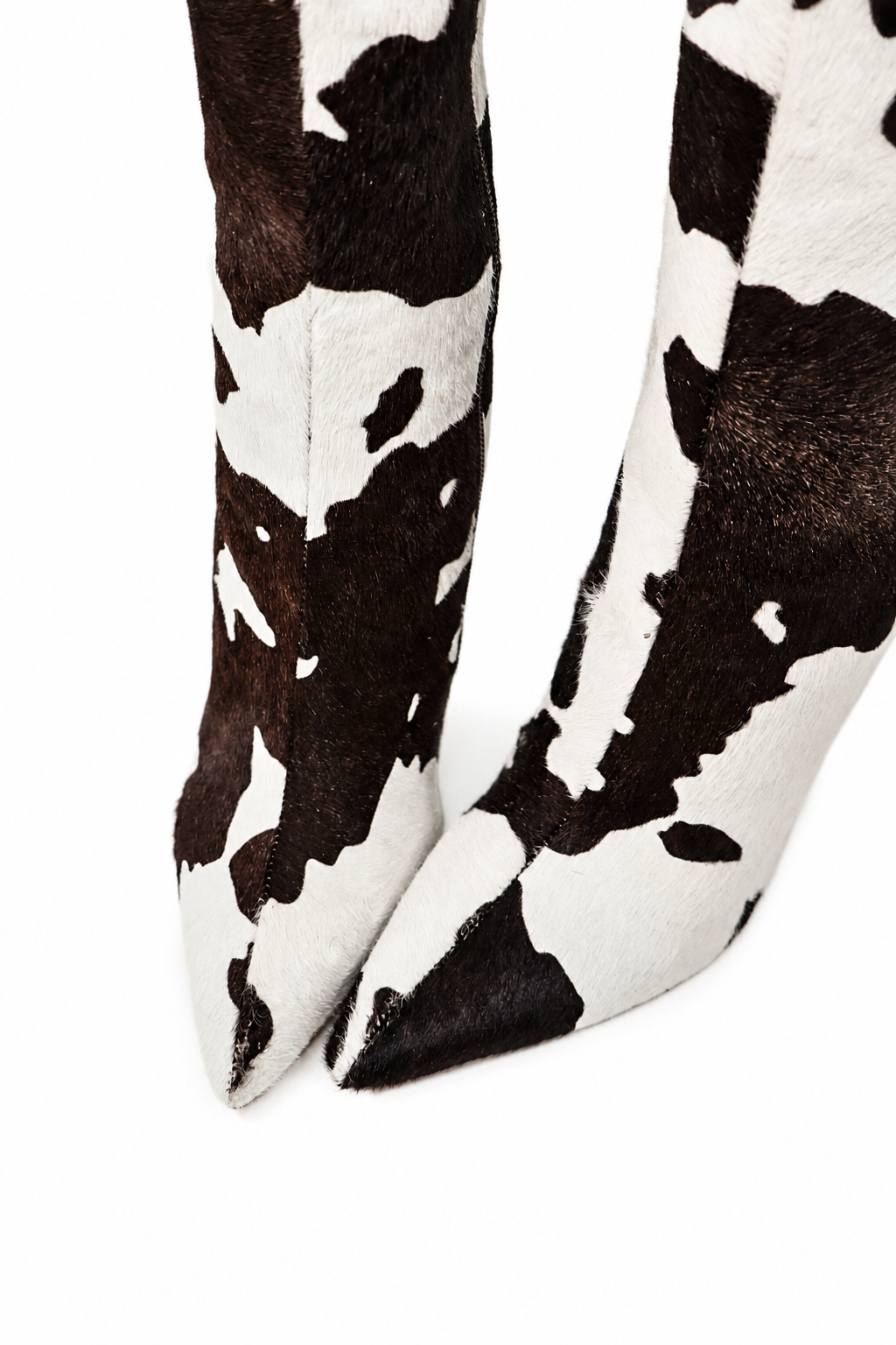 QAFARRIN VYREN – Dark Chocolate &amp; Ivory Cow Print Hakiki Dana Tay Tüyü Sculptural Wedge Çizme