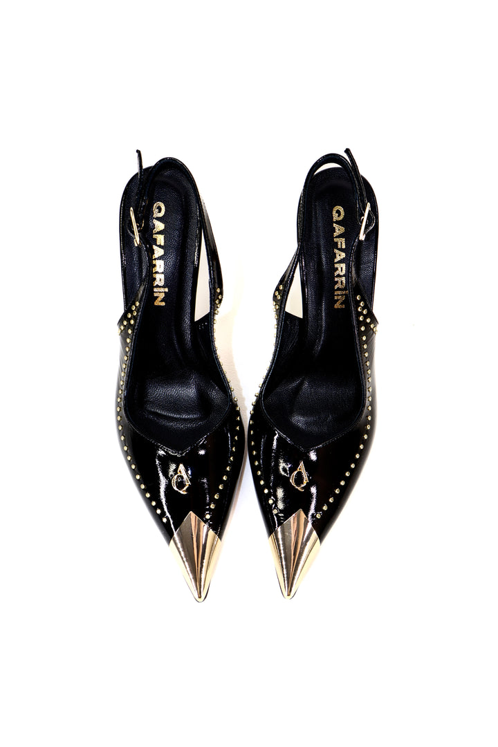 Qafarrin ARYSSE – Siyah Rugan Hakiki Dana Derisi Gold Detaylı Slingback Stiletto