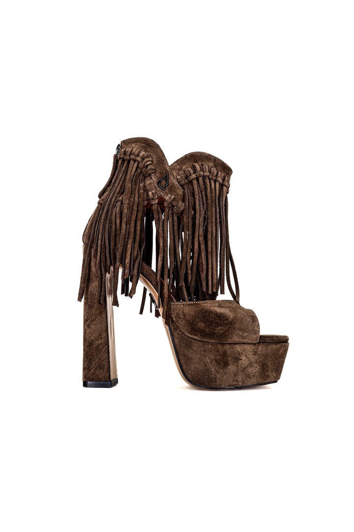 QAFARRIN THÉLION SAUVAGE – Espresso Suede Hakiki Deri Fringe Platform Heels