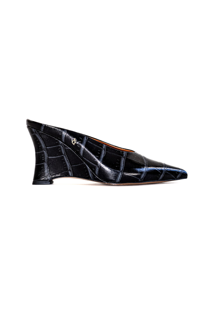 QAFARRIN VORY – Noir Croco Emboss Rugan Prime Cut Hakiki Dana Deri Sculpted Mule