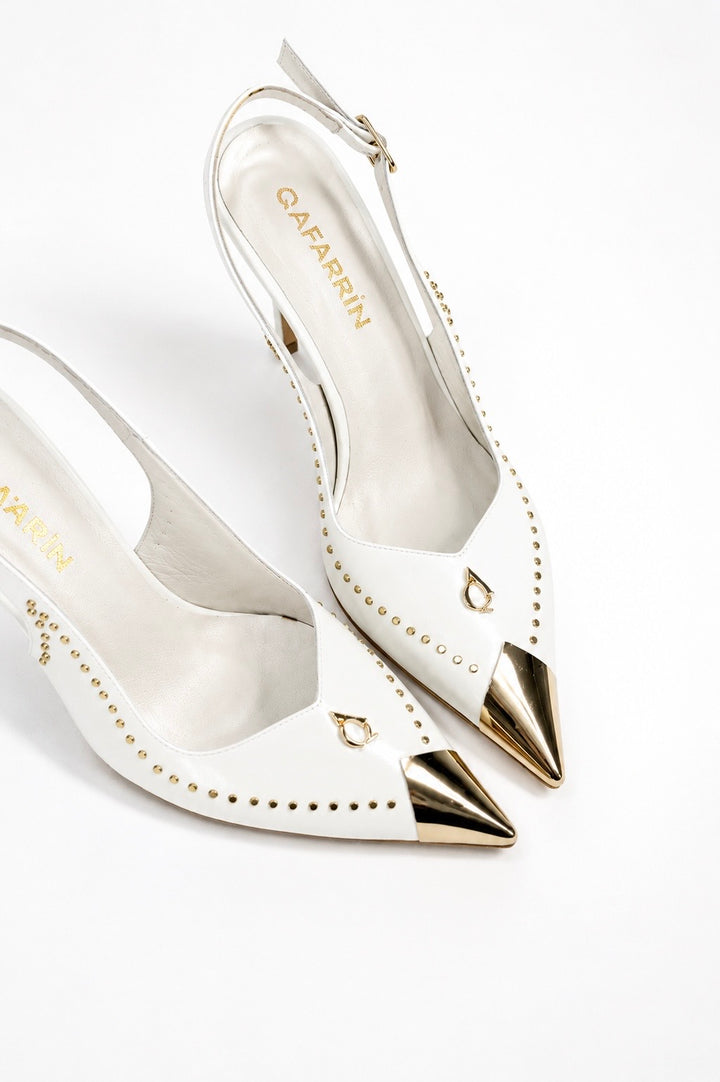 Qafarrin ARYSSE – Beyaz Hakiki Dana Derisi Gold Detaylı Slingback Stiletto