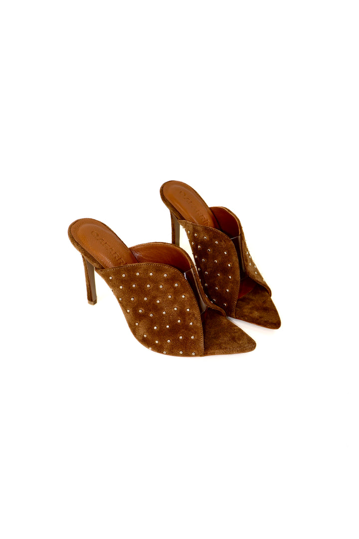 QAFARRIN IMPERA – Brown Hakiki Dana Süet Deri Gold Stud Mule Stiletto