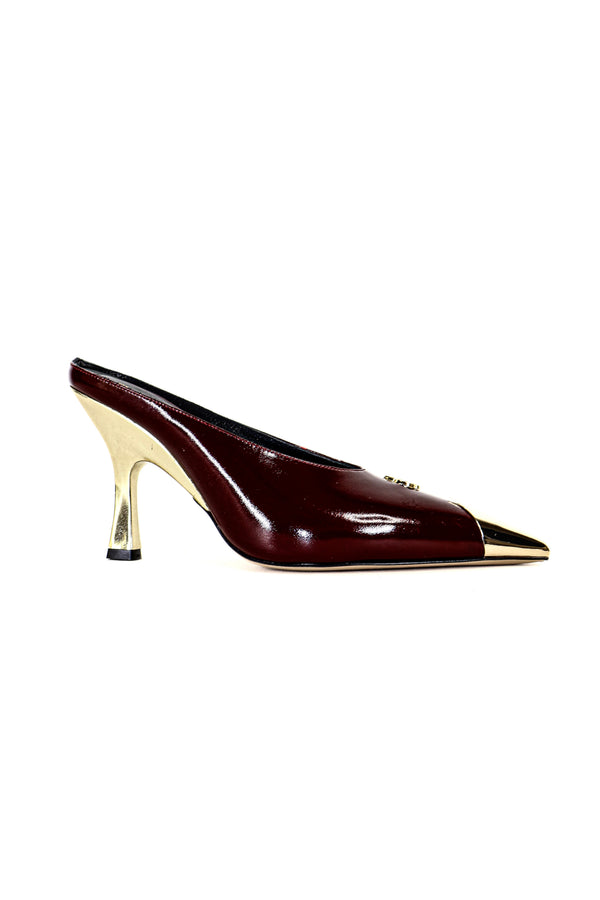 QAFARRIN DOMINA BURGUNDY NOIR Hakiki Dana Deri Altın Burun Detaylı Kitten Heel Mule