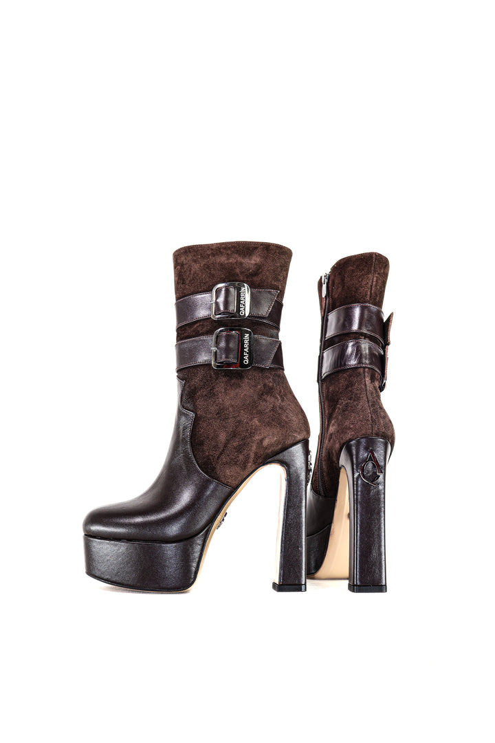 Qafarrin DIONEA – Espresso Suede & Cocoa Prime-Cut Hakiki Deri Atelier-Crafted Platform Couture Bot