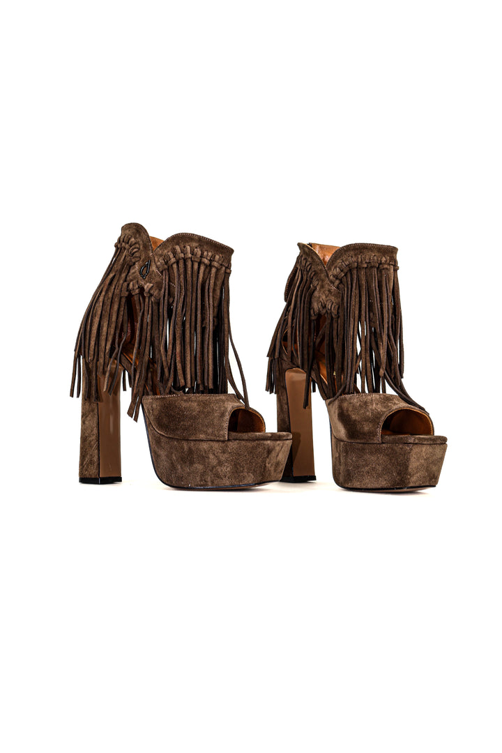 QAFARRIN THÉLION SAUVAGE – Espresso Suede Hakiki Deri Fringe Platform Heels