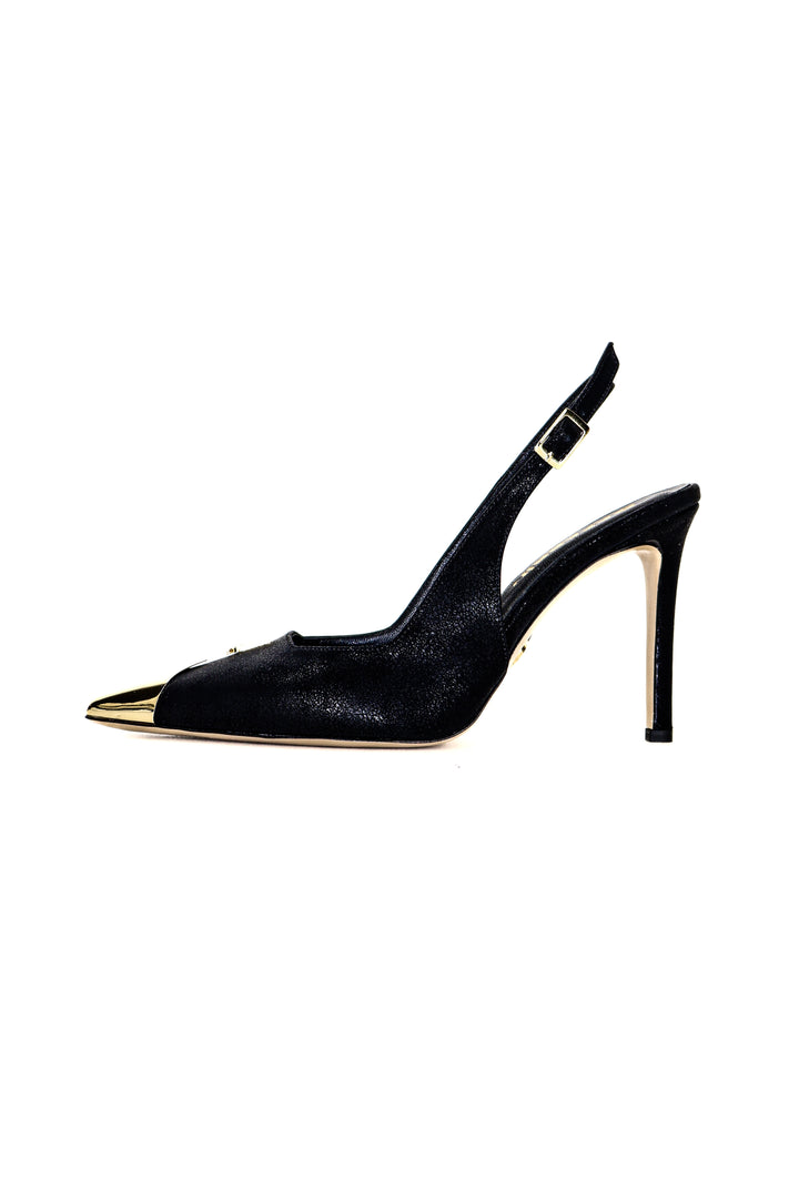 QAFARRIN CROWN NOIR – Hakiki Dana Deri Altın Burun Detaylı Stiletto Mule