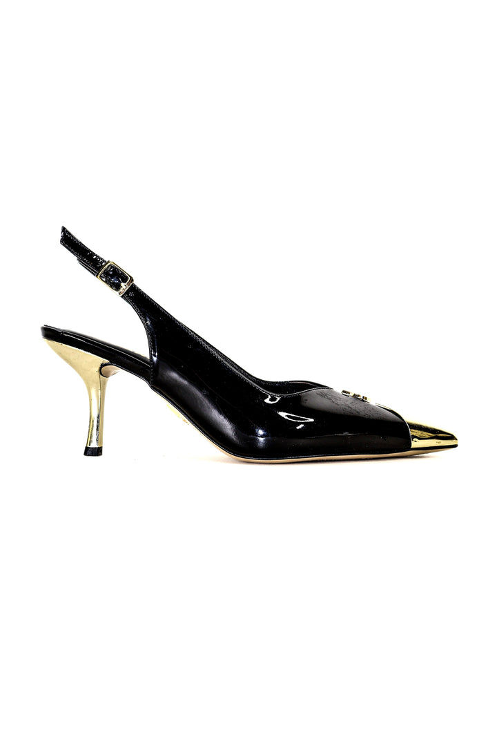QAFARRIN RIVA NOIR – Siyah Rugan Hakiki Dana Deri Altın Burun Detaylı 6 CM Kitten Heel Slingback