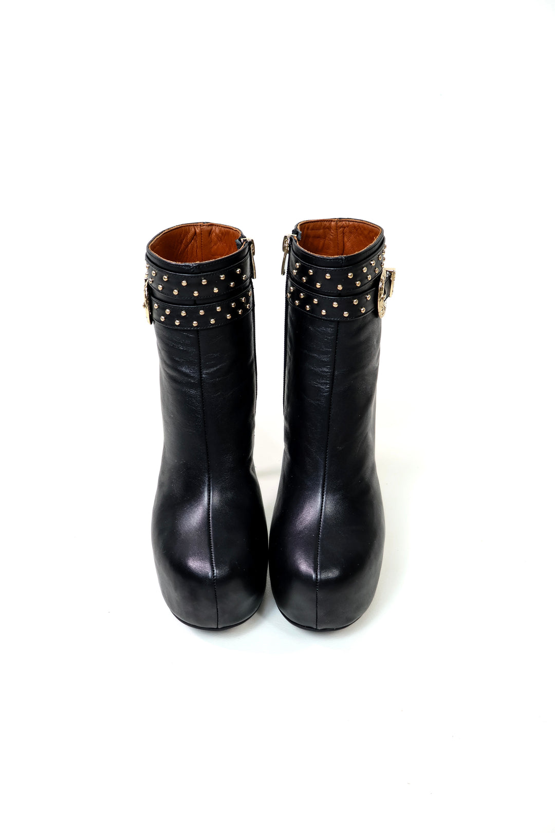 QAFARRIN DRAZÉ – Black Hakiki Dana Deri Gold Stud &amp; Buckle Hardware Detaylı Platform Bot