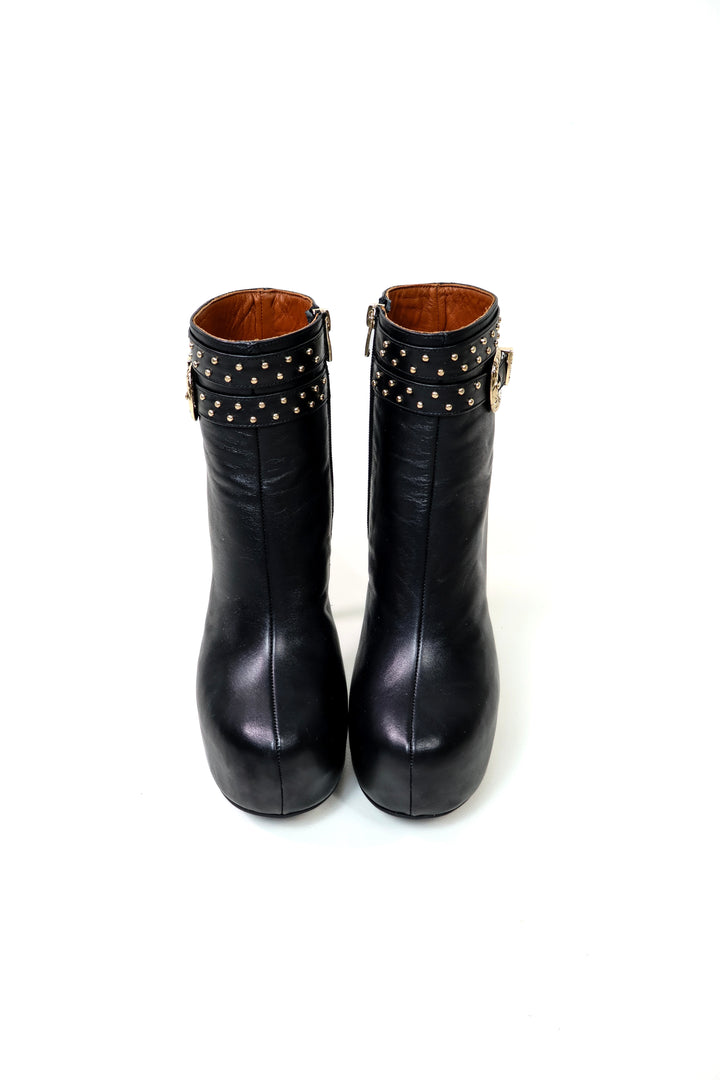 QAFARRIN DRAZÉ – Black Hakiki Dana Deri Gold Stud &amp; Buckle Hardware Detaylı Platform Bot
