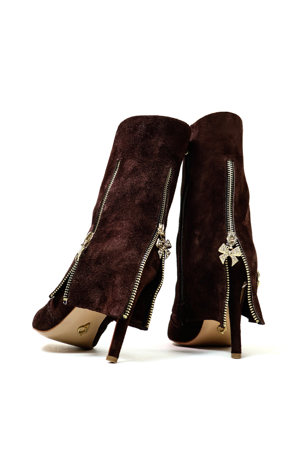 QAFARRIN NÉLIA – Chocolate Brown Hakiki Dana Süet Deri Kristal Fiyonk Detaylı Stiletto Bot