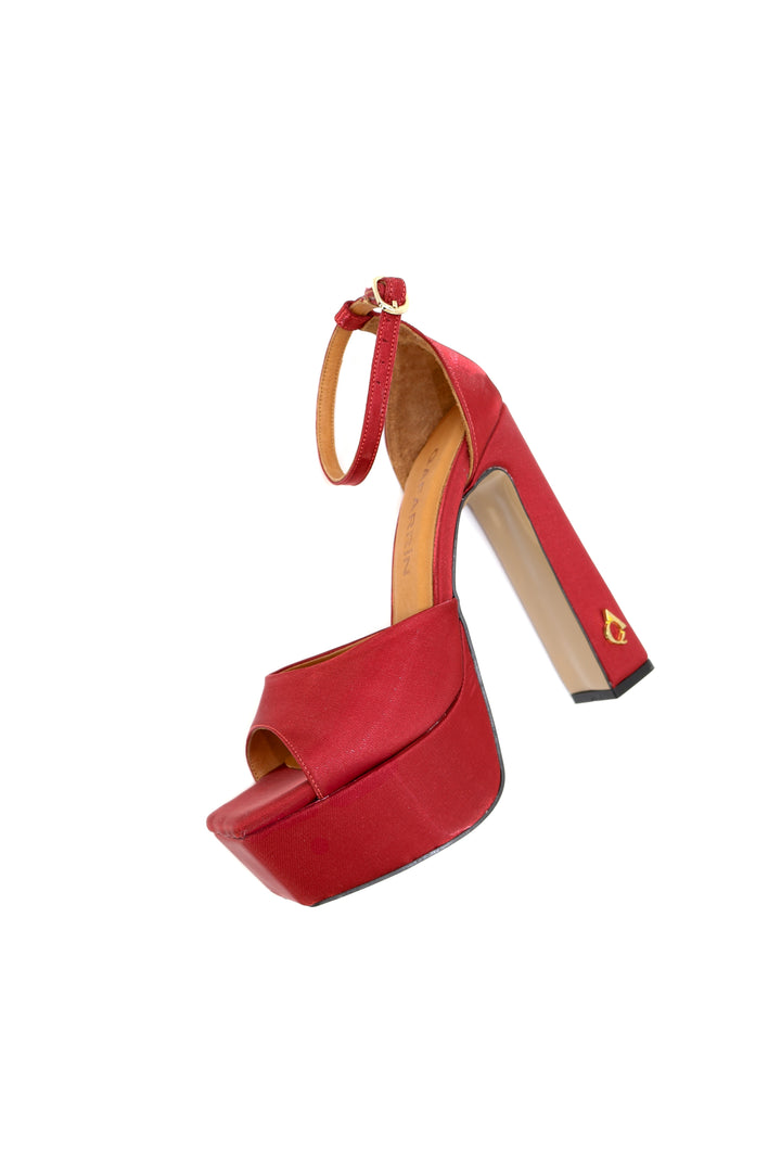 Qafarrin VERDELIA SATIN – Bordo İpek Saten Hakiki Dana Deri Platform Topuklu Sandalet