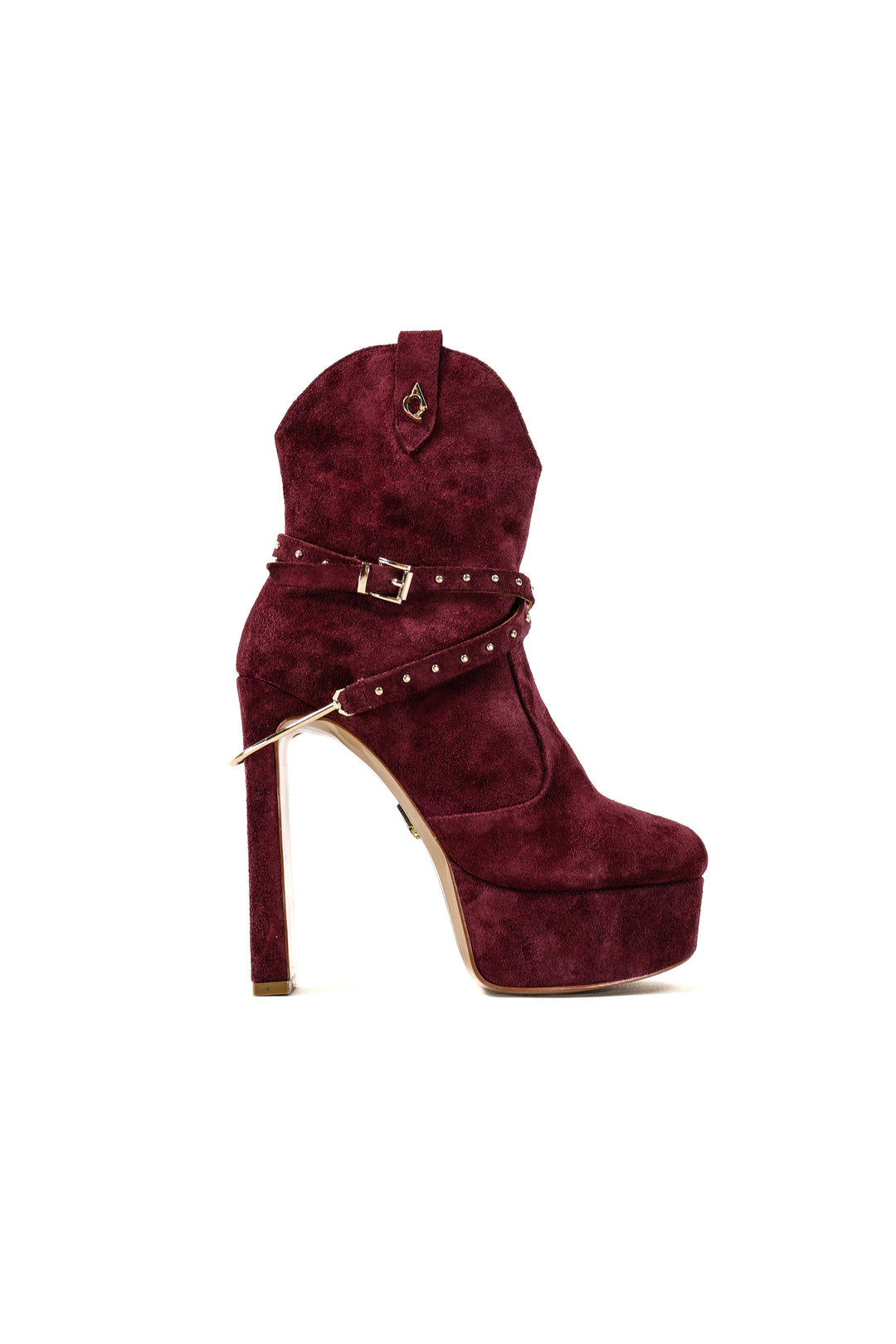 QAFARRIN VERZA – Burgundy Hakiki Dana Süet Deri Gold Stud &amp; Kemer Detaylı Platform Bot