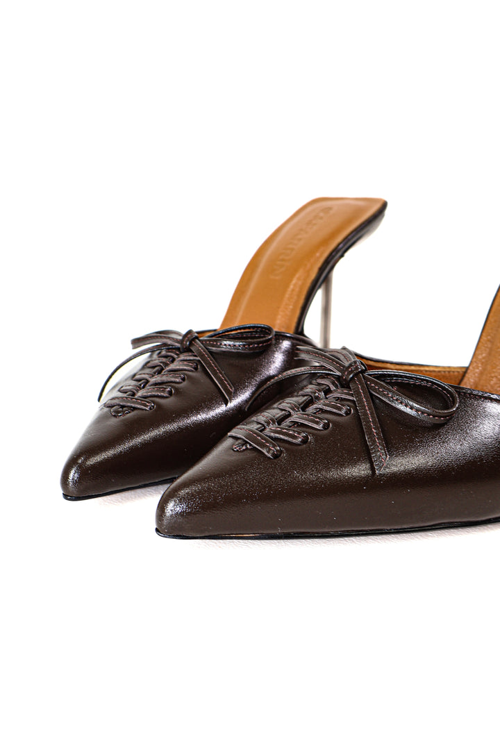 QAFARRIN VIOLA – Espresso Brown Hakiki Dana Deri Mule Stiletto