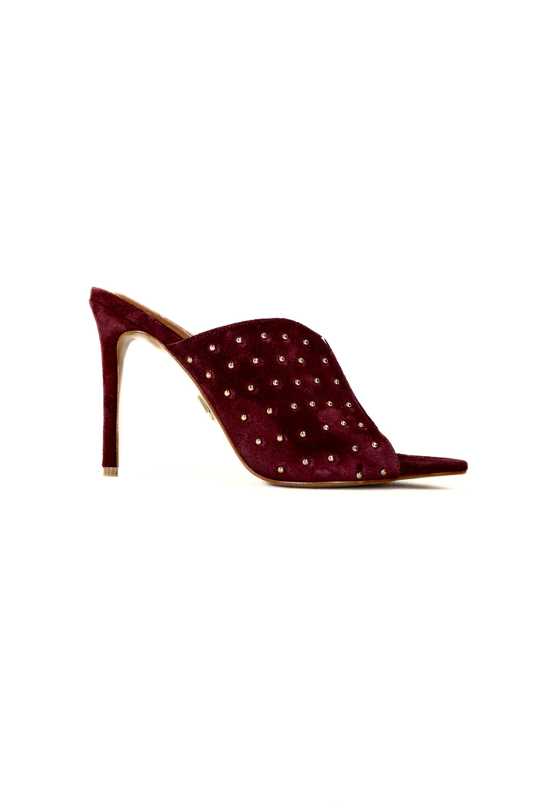 QAFARRIN IMPERA – Burgundy Hakiki Dana Süet Deri Gold Stud Mule Stiletto