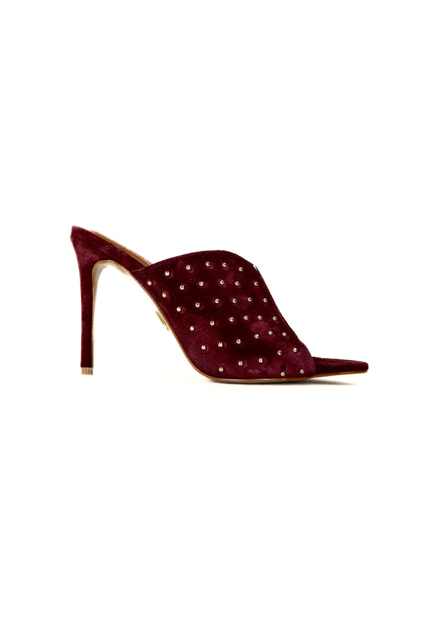QAFARRIN IMPERA – Burgundy Hakiki Dana Süet Deri Gold Stud Mule Stiletto
