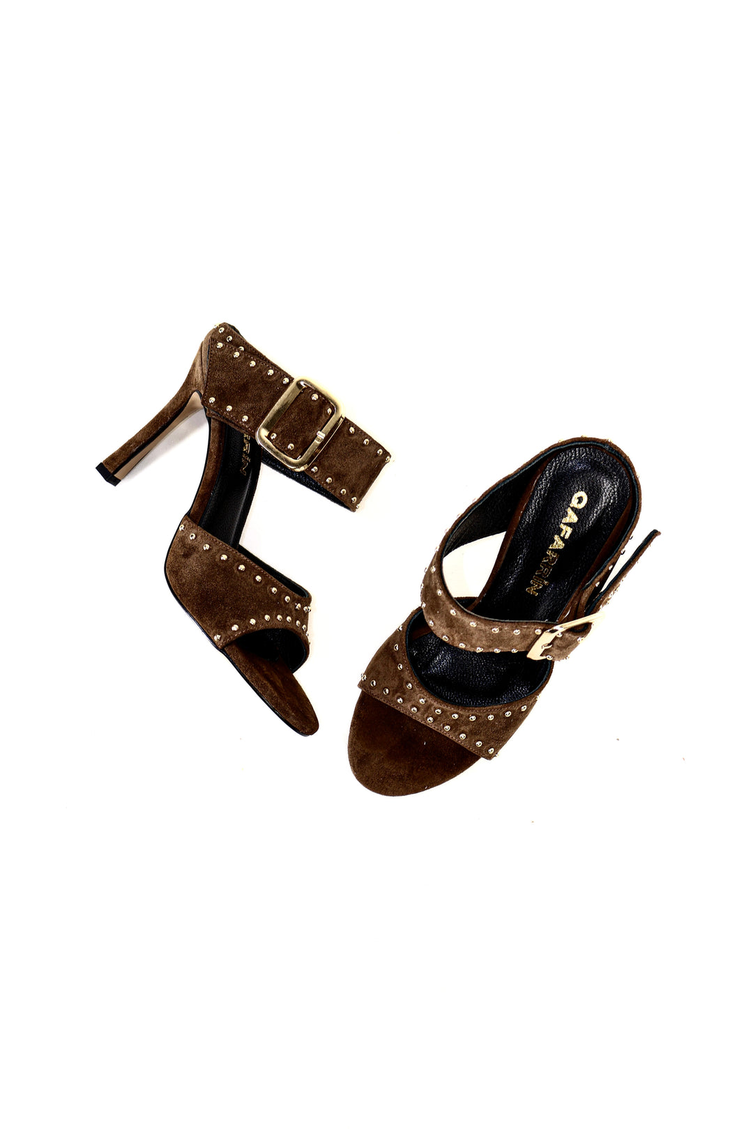 Qafarrin MIDNIGHT RIVETS – Espresso Suede Hakiki Dana Deri ve Altın Rivet Detaylı Mule Topuklu Sandalet