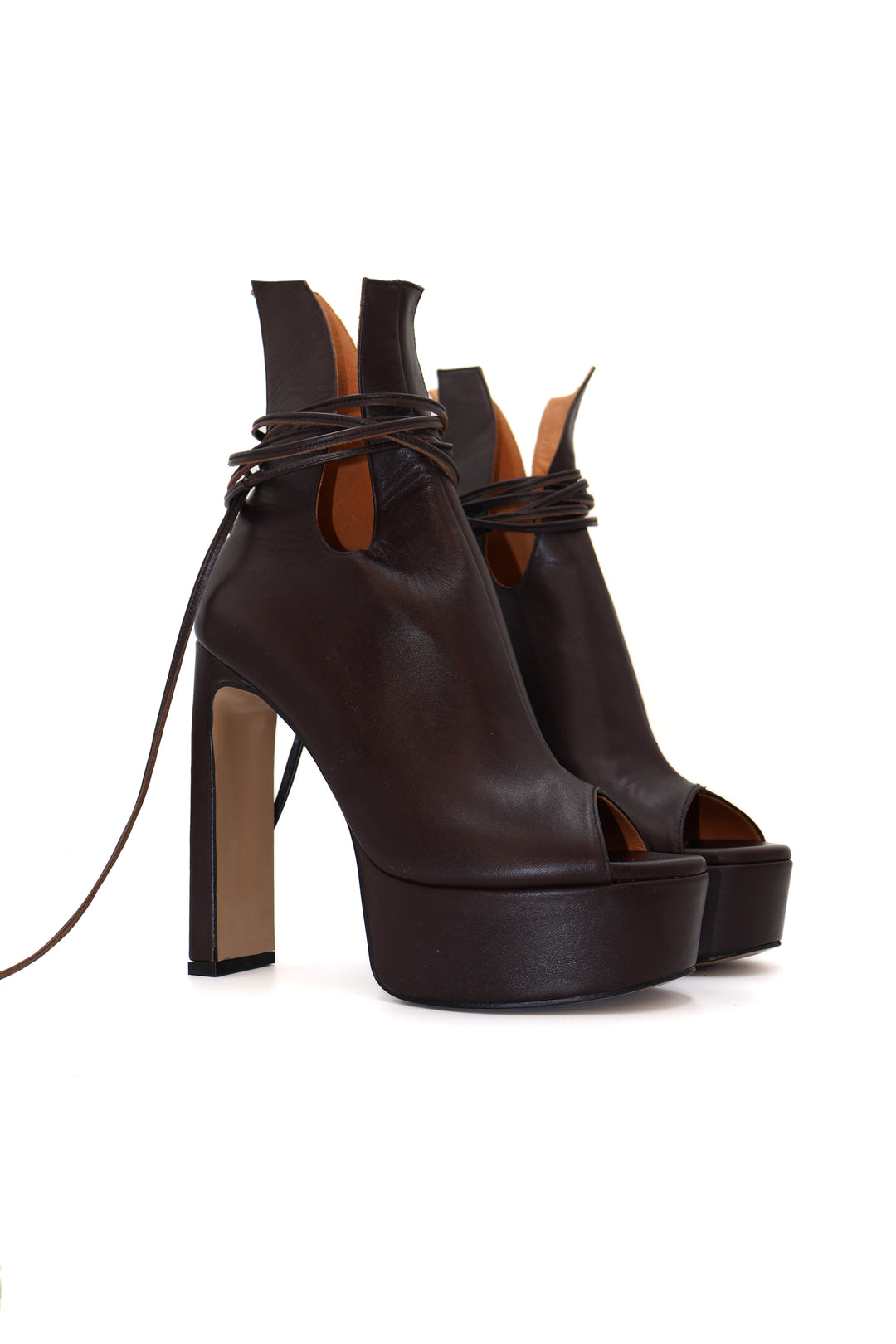 Qafarrin OBSCURA – Acı Kahve Hakiki Dana Deri Bağcıklı Platform Peep Toe Bootie