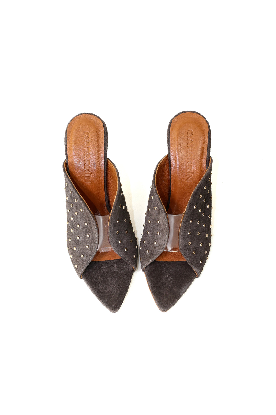 QAFARRIN IMPERA – Charcoal Grey Hakiki Dana Süet Deri Gold Stud Mule Stiletto