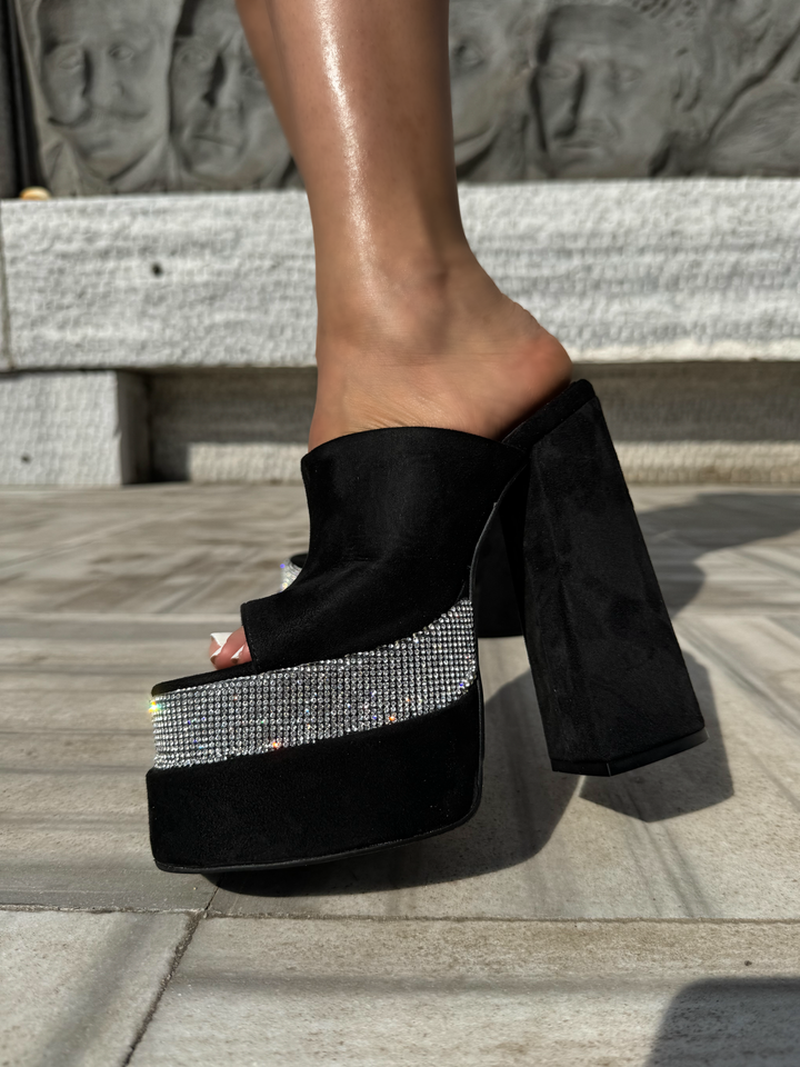 Penelope Siyah Süet Taş Detaylı Platform Terlik