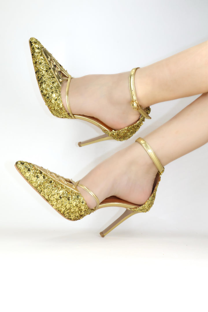 Qafarrin AURÉLIA GOLD – Hakiki Dana Deri Üzeri Payetli Bağcıklı Stiletto