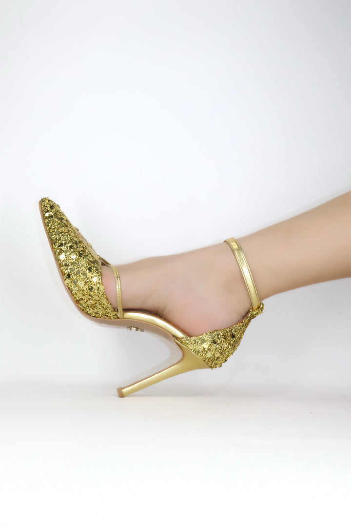 Qafarrin AURÉLIA GOLD – Hakiki Dana Deri Üzeri Payetli Bağcıklı Stiletto
