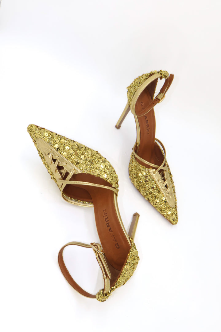 Qafarrin AURÉLIA GOLD – Hakiki Dana Deri Üzeri Payetli Bağcıklı Stiletto