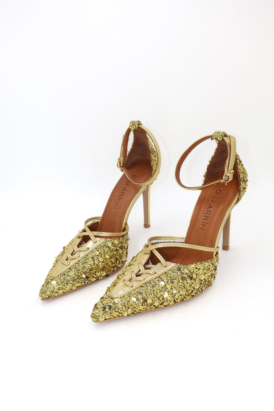 Qafarrin AURÉLIA GOLD – Hakiki Dana Deri Üzeri Payetli Bağcıklı Stiletto