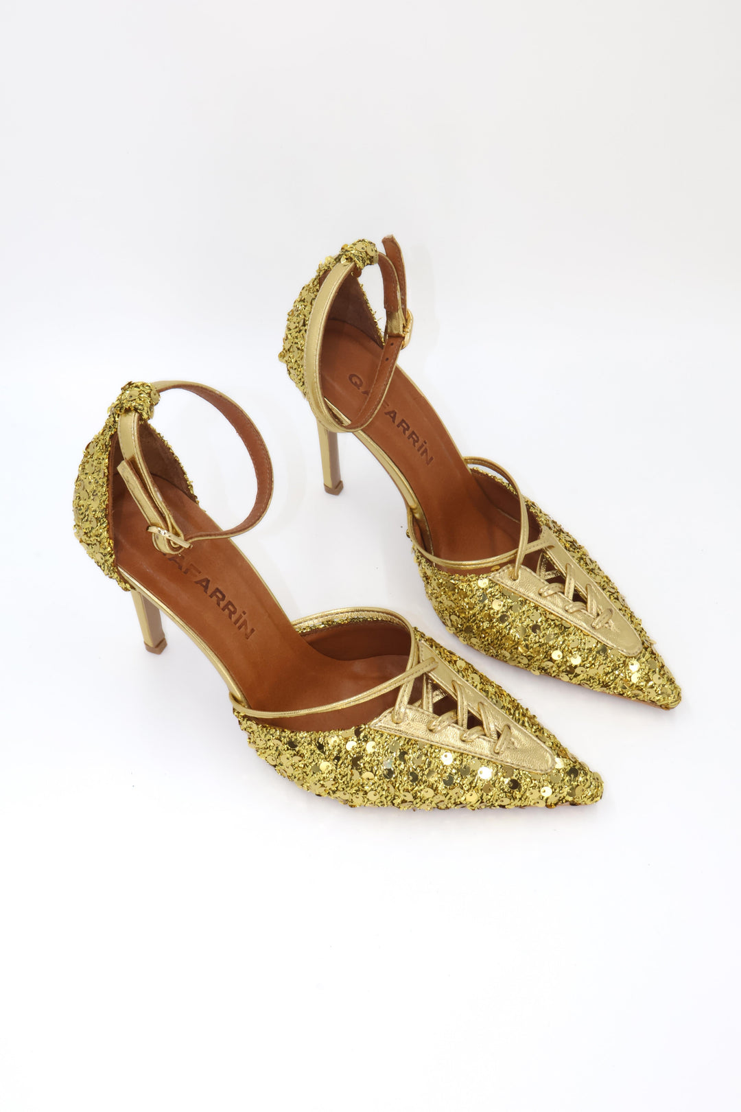 Qafarrin AURÉLIA GOLD – Hakiki Dana Deri Üzeri Payetli Bağcıklı Stiletto