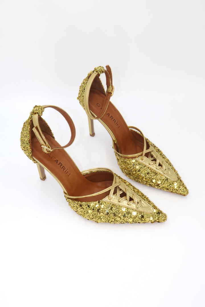 Qafarrin AURÉLIA GOLD – Hakiki Dana Deri Üzeri Payetli Bağcıklı Stiletto