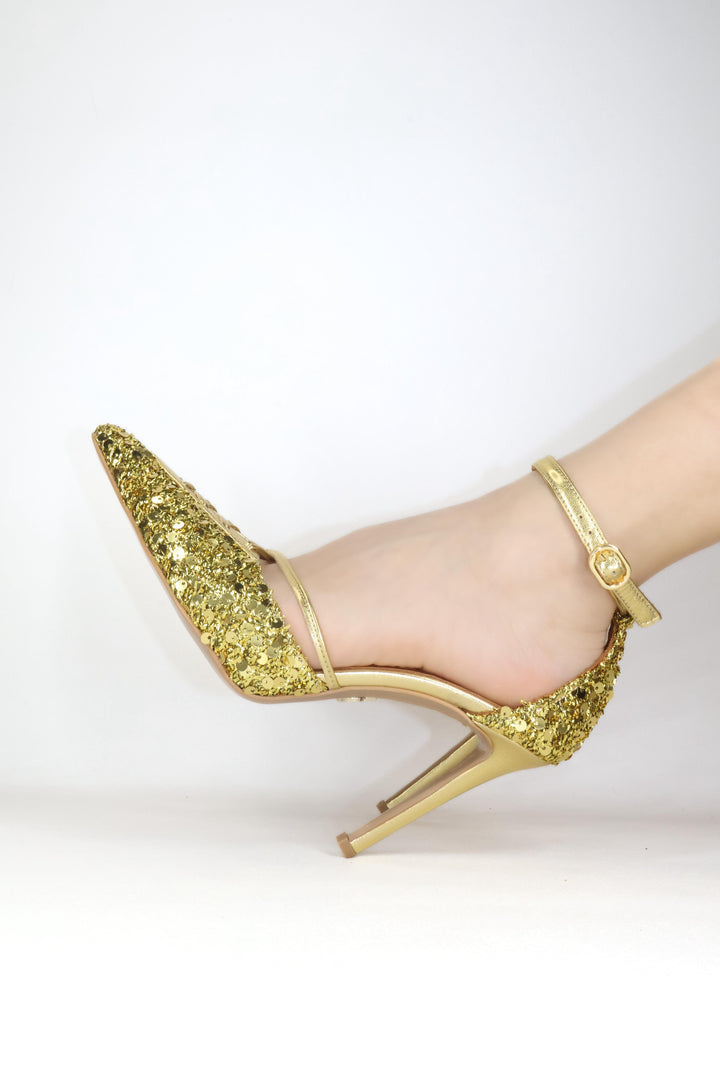 Qafarrin AURÉLIA GOLD – Hakiki Dana Deri Üzeri Payetli Bağcıklı Stiletto