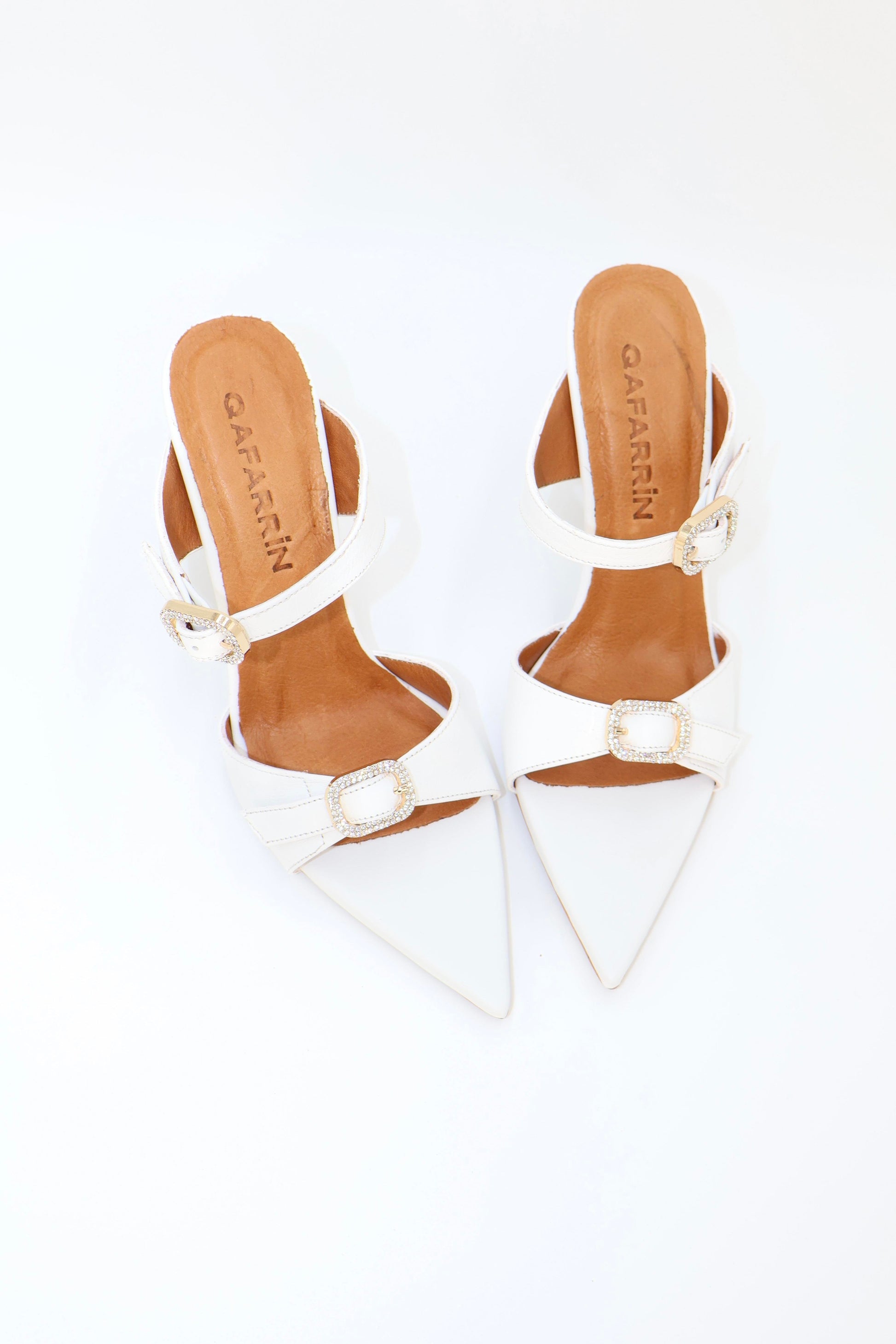 Qafarrin BEURRE – White Genuine Leather and Crystal Buckle Mule