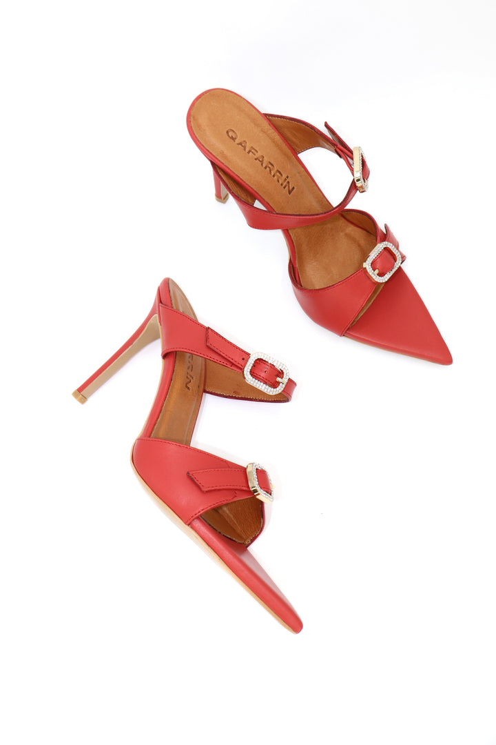 Qafarrin BEURRE – Red Genuine Leather and Crystal Buckle Mule