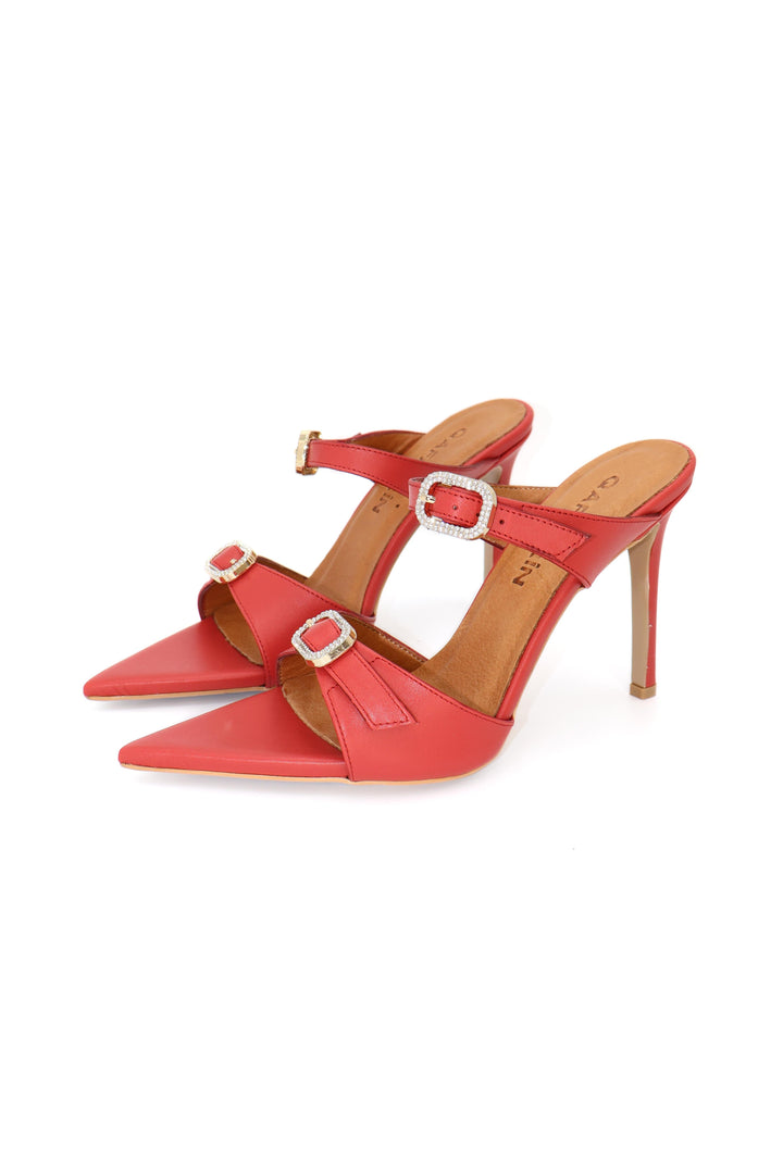 Qafarrin BEURRE – Red Genuine Leather and Crystal Buckle Mule