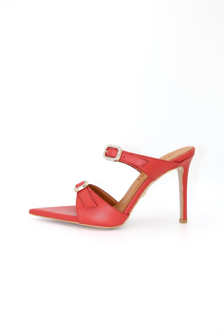 Qafarrin BEURRE – Red Genuine Leather and Crystal Buckle Mule