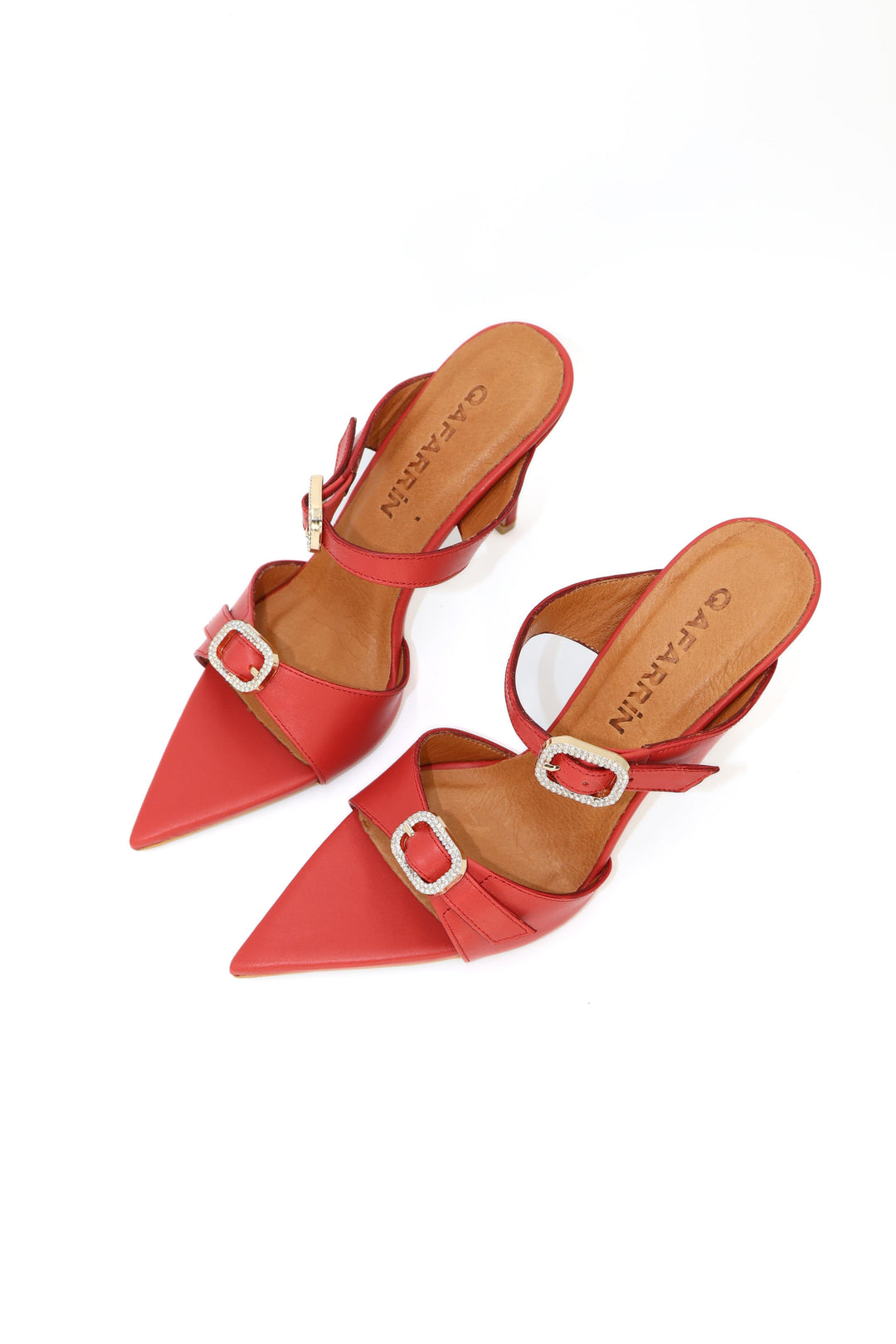 Qafarrin BEURRE – Red Genuine Leather and Crystal Buckle Mule