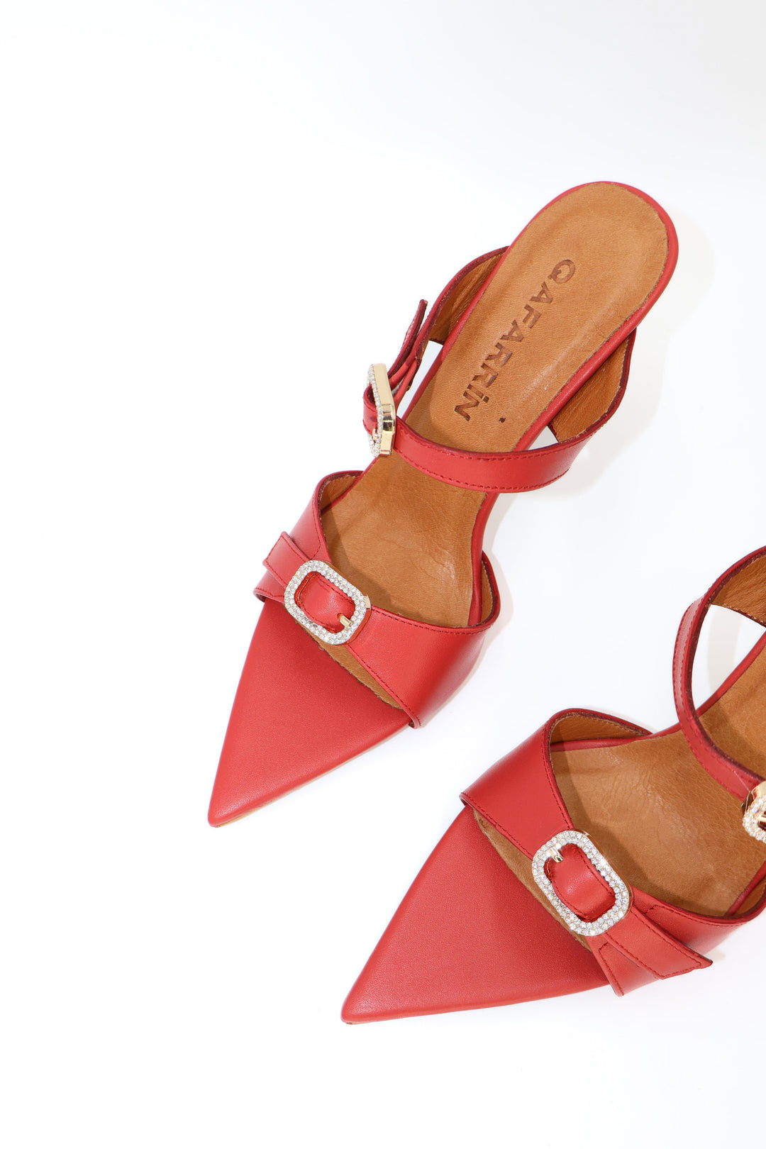 Qafarrin BEURRE – Red Genuine Leather and Crystal Buckle Mule
