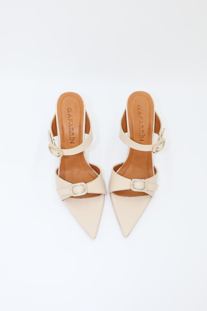 Qafarrin BEURRE – Cream Genuine Leather and Crystal Buckle Mule