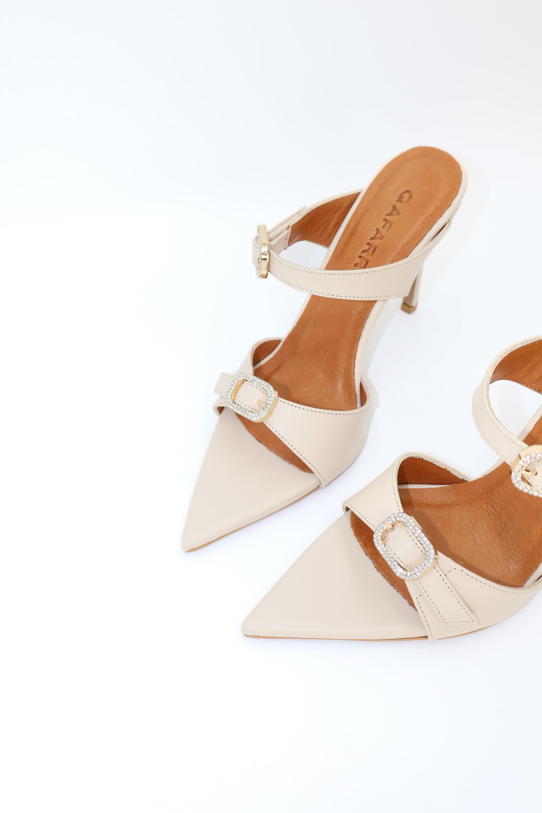 Qafarrin BEURRE – Cream Genuine Leather and Crystal Buckle Mule