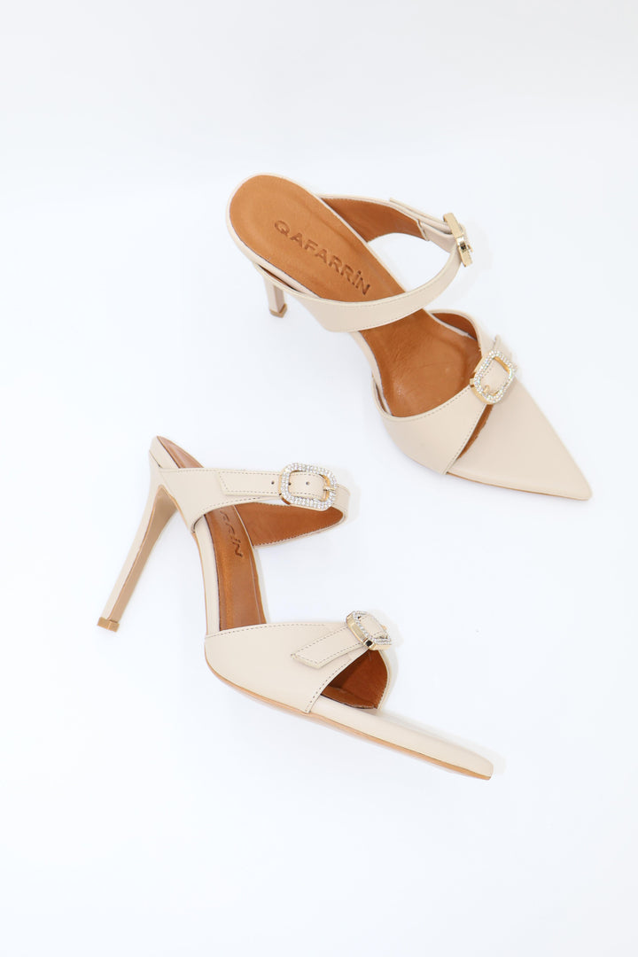 Qafarrin BEURRE – Cream Genuine Leather and Crystal Buckle Mule