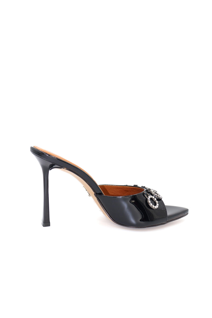 Qafarrin BLACK ORBIT – Genuine Calfskin Patent Leather Stone Detailed Mule Stiletto