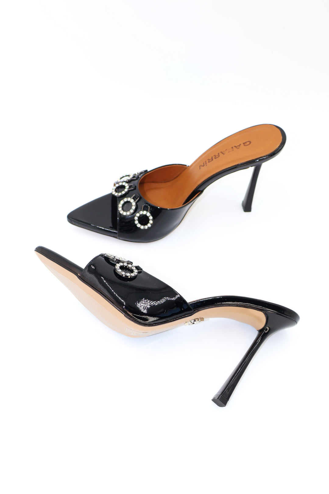 Qafarrin BLACK ORBIT – Genuine Calfskin Patent Leather Stone Detailed Mule Stiletto