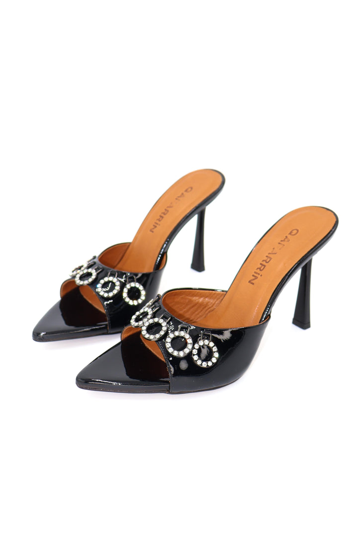 Qafarrin BLACK ORBIT – Genuine Calfskin Patent Leather Stone Detailed Mule Stiletto