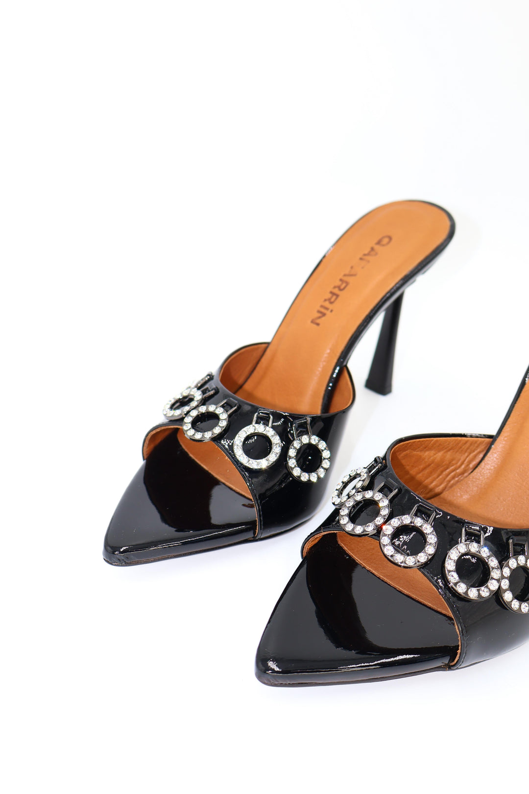 Qafarrin BLACK ORBIT – Genuine Calfskin Patent Leather Stone Detailed Mule Stiletto