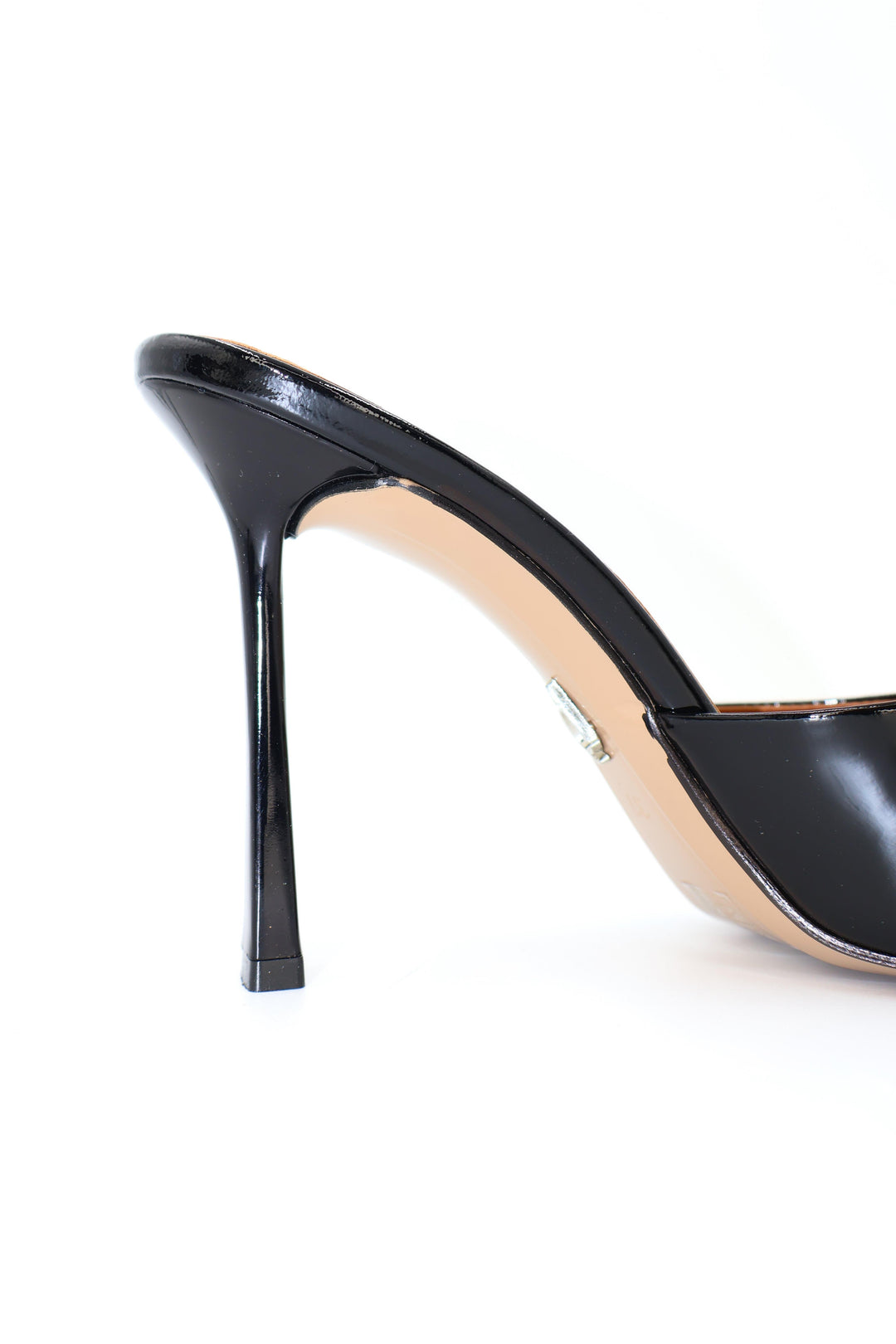 Qafarrin BLACK ORBIT – Genuine Calfskin Patent Leather Stone Detailed Mule Stiletto