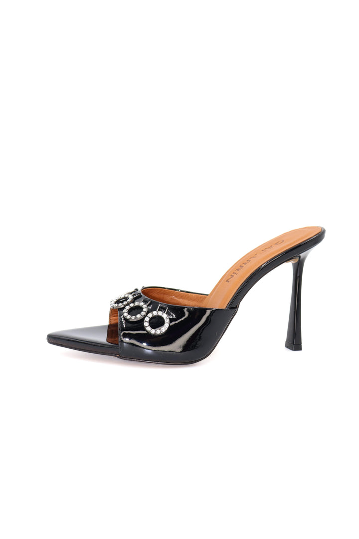 Qafarrin BLACK ORBIT – Genuine Calfskin Patent Leather Stone Detailed Mule Stiletto