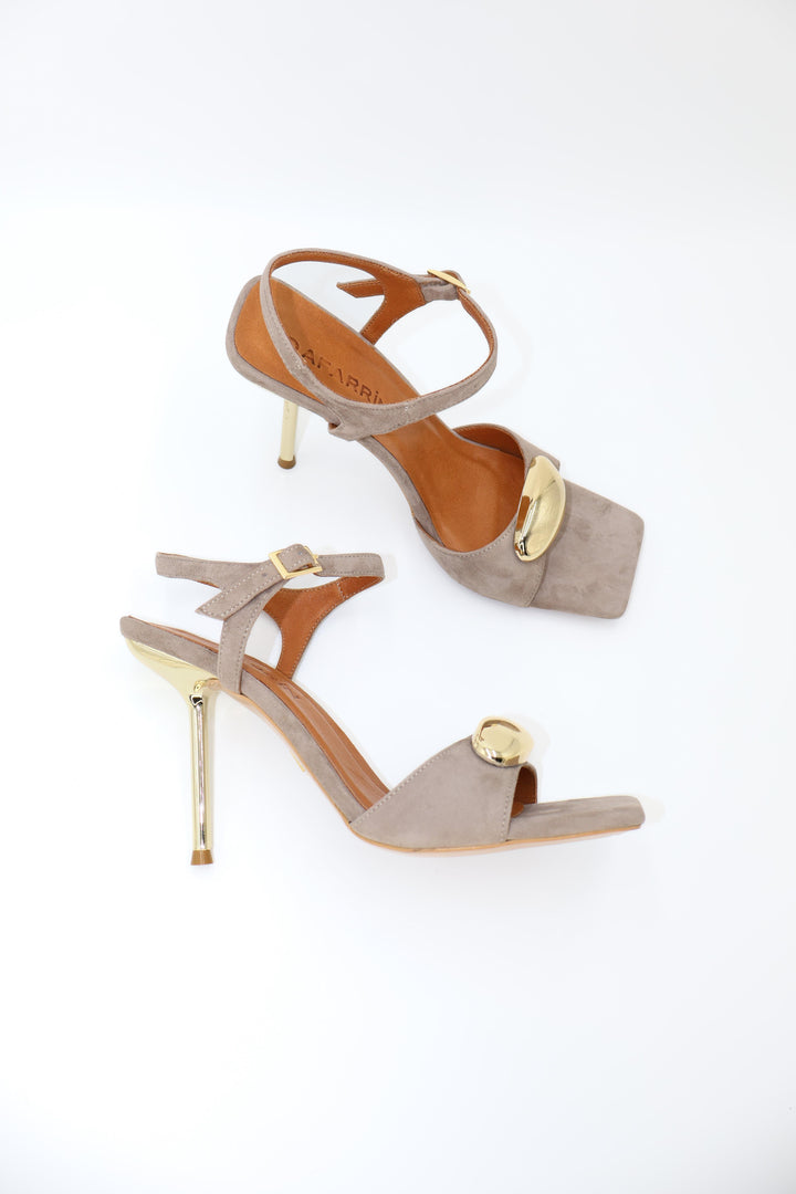 Qafarrin CASSÉRIA – Mink Suede Genuine Calfskin and Gold Metal Heel Detailed Sandals