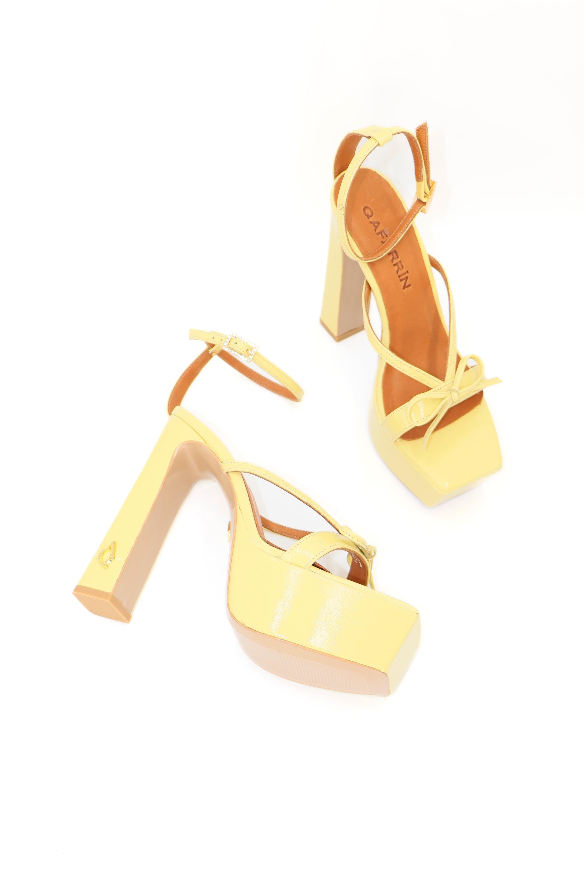 Qafarrin CELÉSTE JAUNE – Yellow Patent Leather Genuine Calfskin Platform Sandals