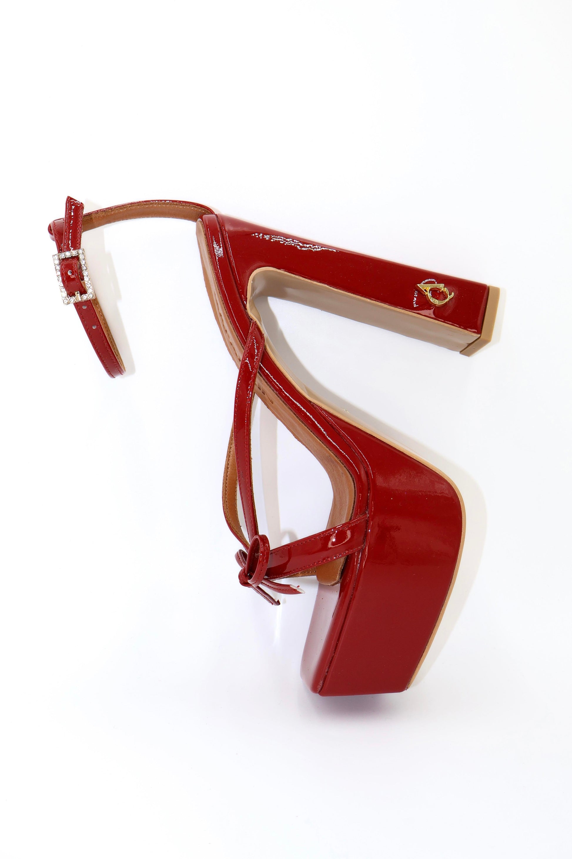 Qafarrin CELÉSTE SCARLET – Red Patent Leather Genuine Calfskin Platform Heel Sandals