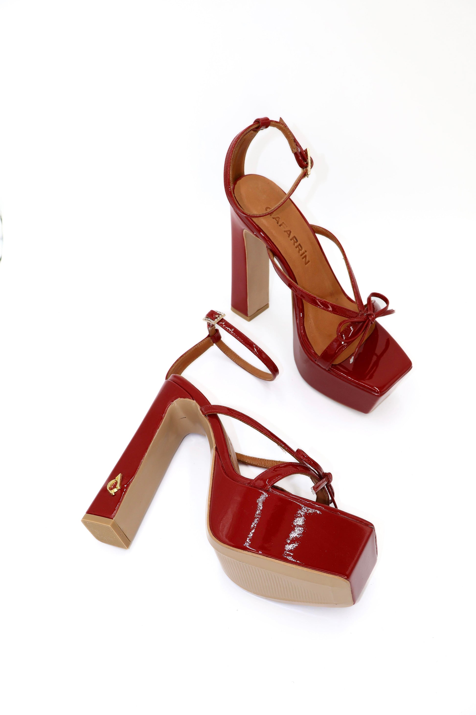 Qafarrin CELÉSTE SCARLET – Red Patent Leather Genuine Calfskin Platform Heel Sandals